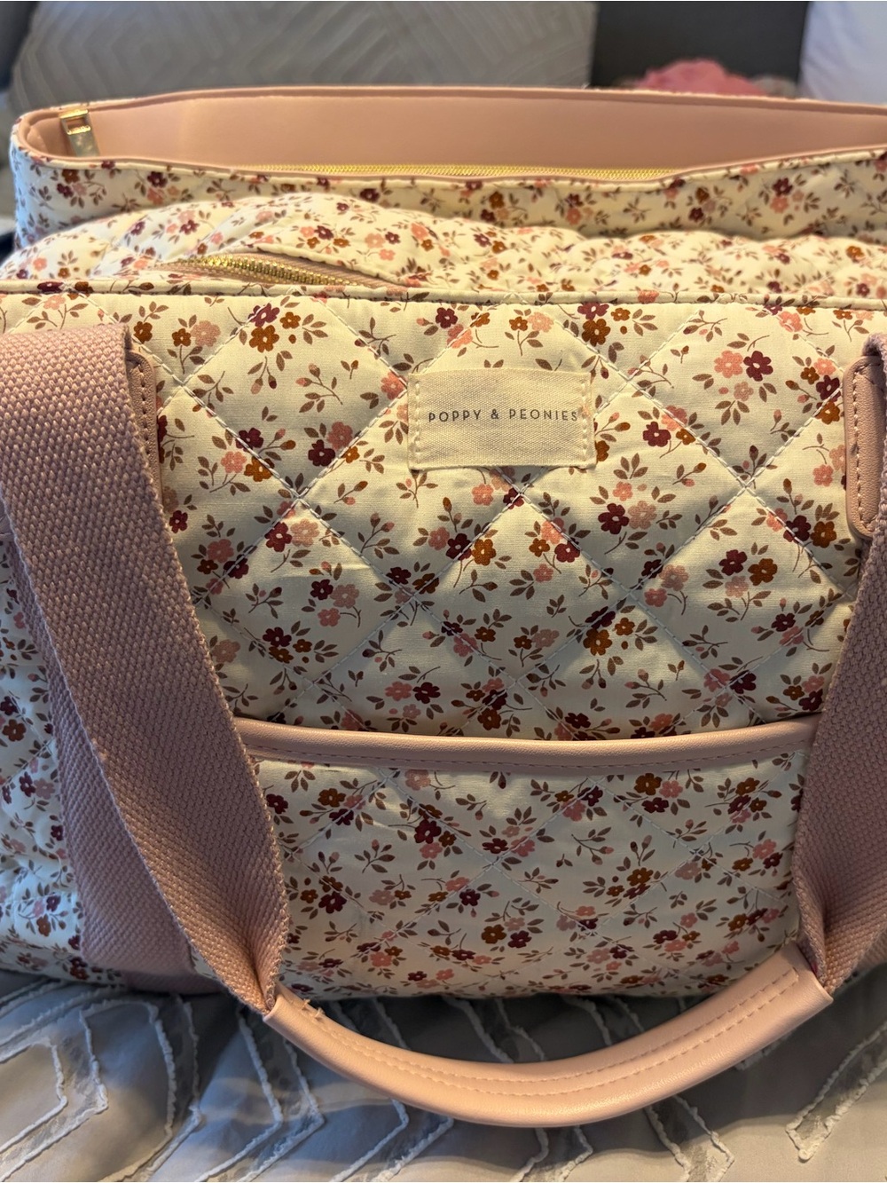 Poppy & Peonies Cream Quilted Tote with Pink Trim and Rust Floral Print